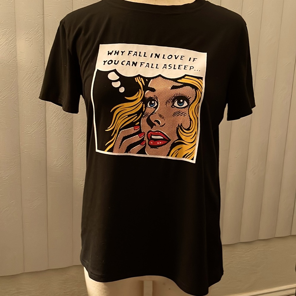 “Why fall in love if you can fall asleep” graphic black tee.